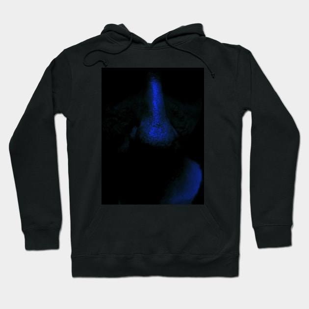 Portrait, digital collage and special processing. Close up to face, nose. Weird and dark. Very dim, blue. Hoodie by 234TeeUser234